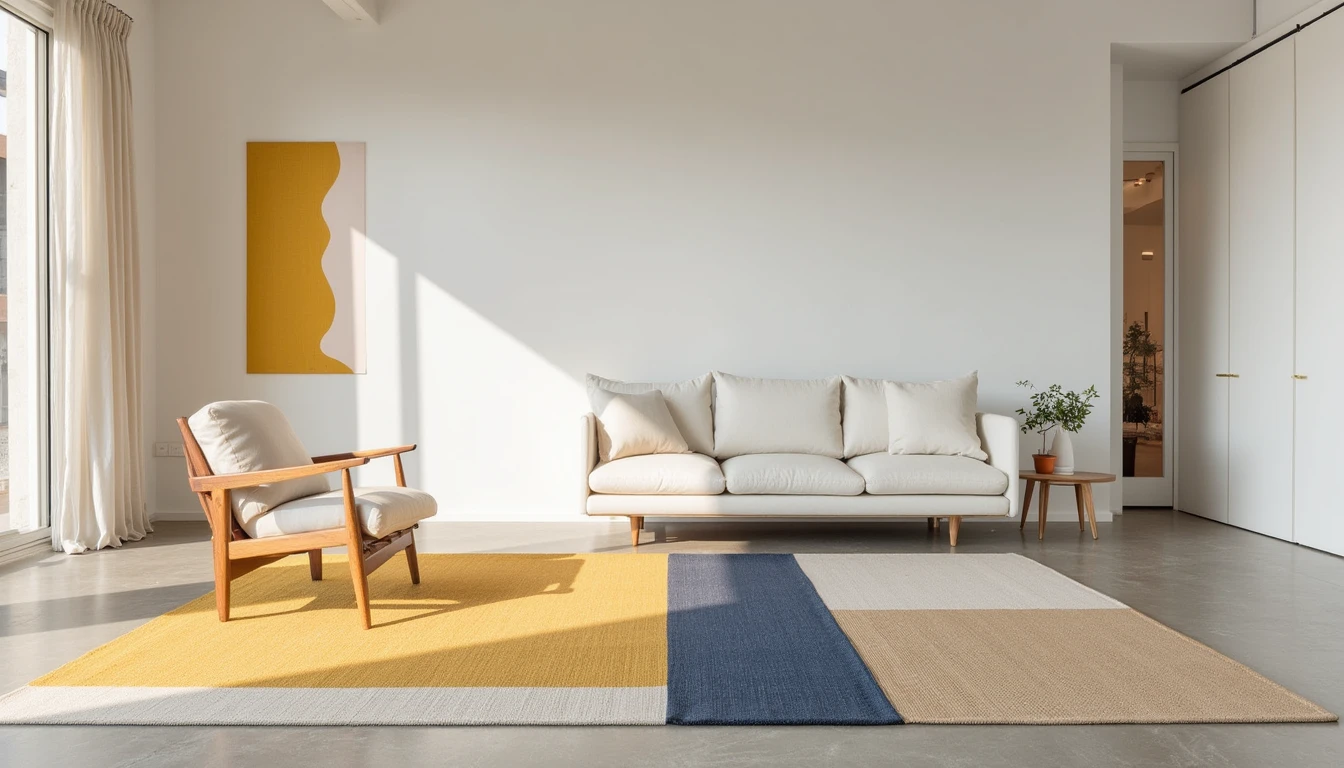 Color blocked rug in mustard and navy sections on polished concrete floor in a minimalist living room