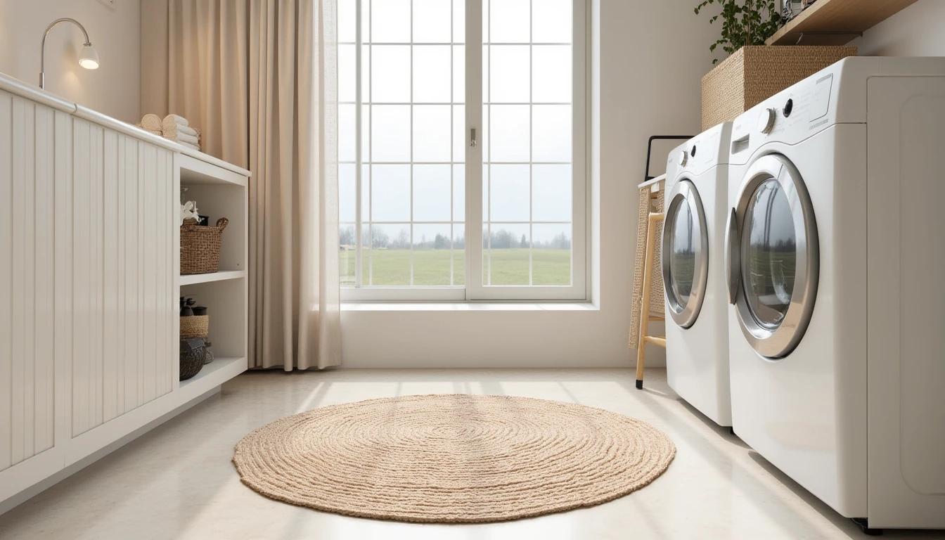 small washable rug in front of a washer and dryer in a bright laundry room