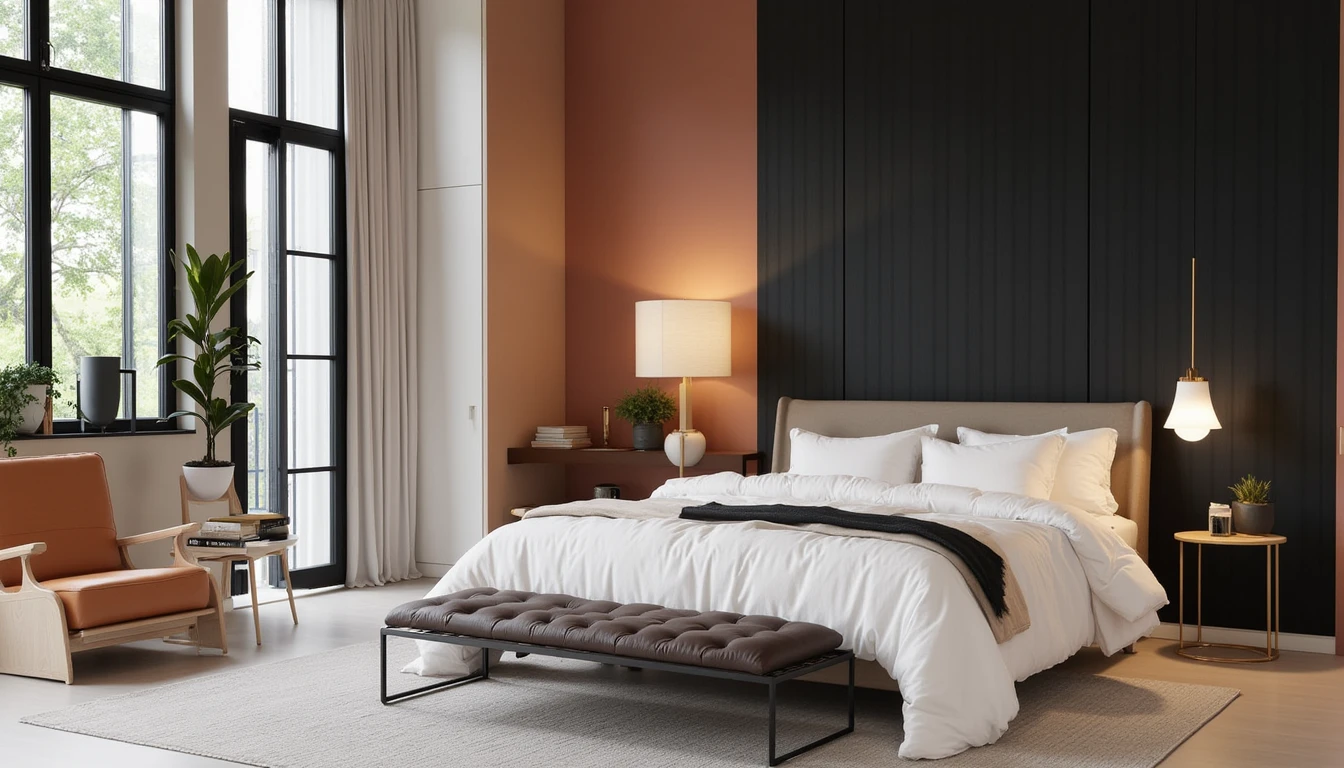 charcoal and warm black color drenched bedroom with soft white bedding contrast