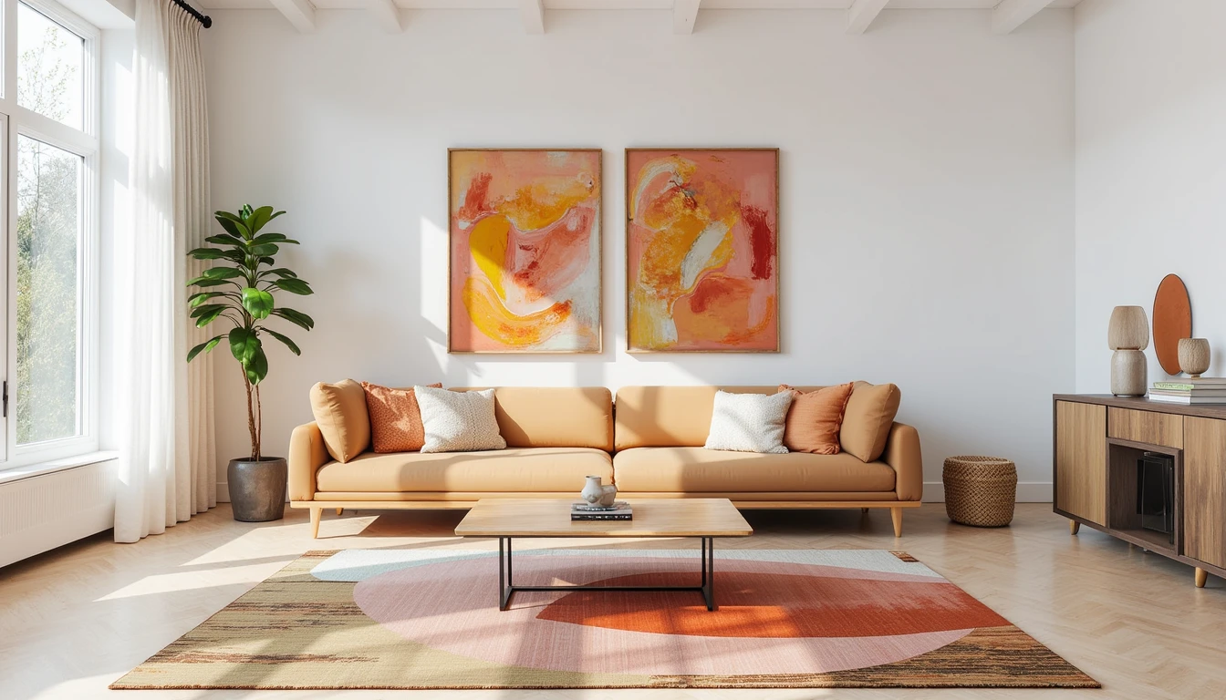 Abstract art inspired colorful rug with painterly pattern in a modern living room