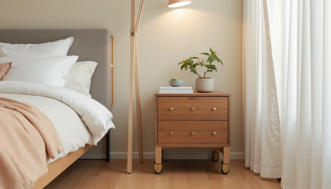 small wooden nightstand with brass caster wheels beside a bed on a wood floor