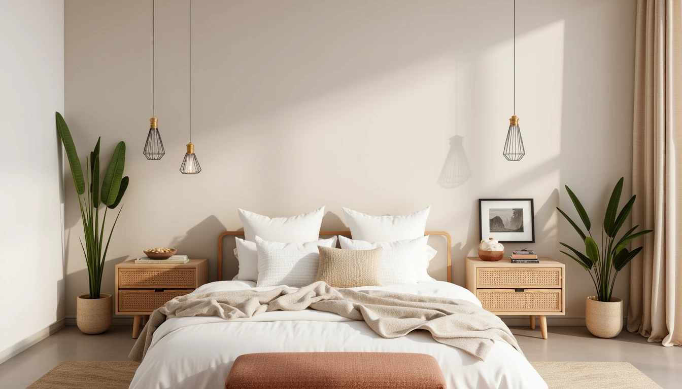 two different styled small nightstands flanking a bed, one wood and one woven