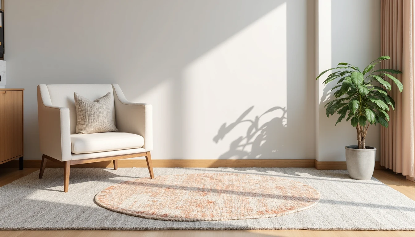 small distressed vintage rug layered over neutral wall-to-wall carpet in a cozy living room corner