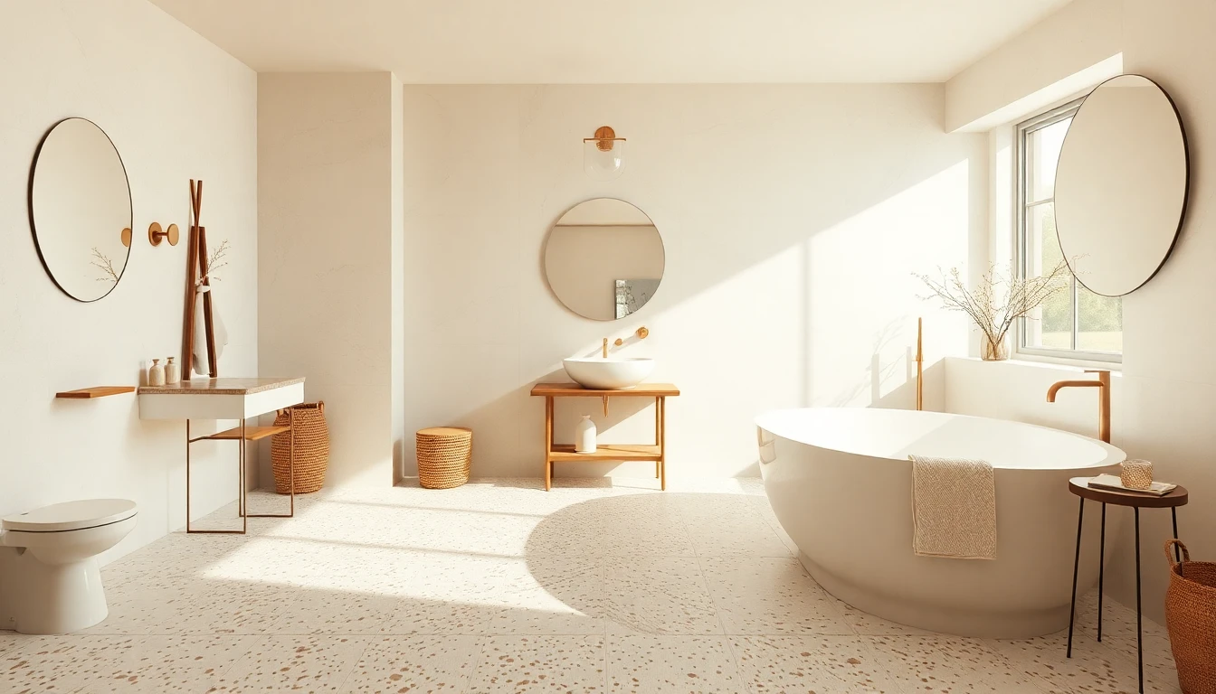 Speckled terrazzo tile flooring in soft cream and rust tones in a bright contemporary bathroom