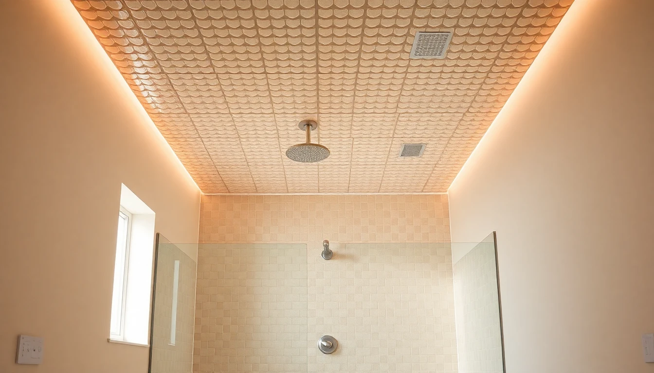 Bathroom ceiling covered in small glossy tile above a walk,in shower creating an unexpected fifth wall effect