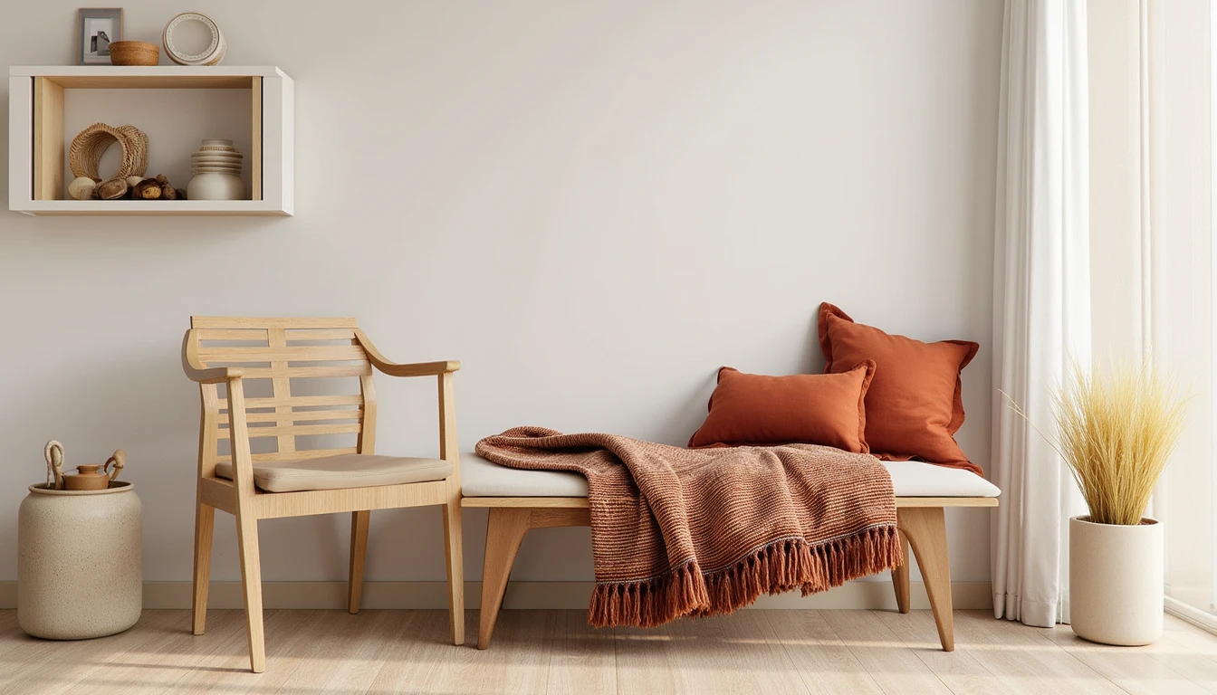 small flat-woven kilim rug with geometric pattern draped over a bench seat