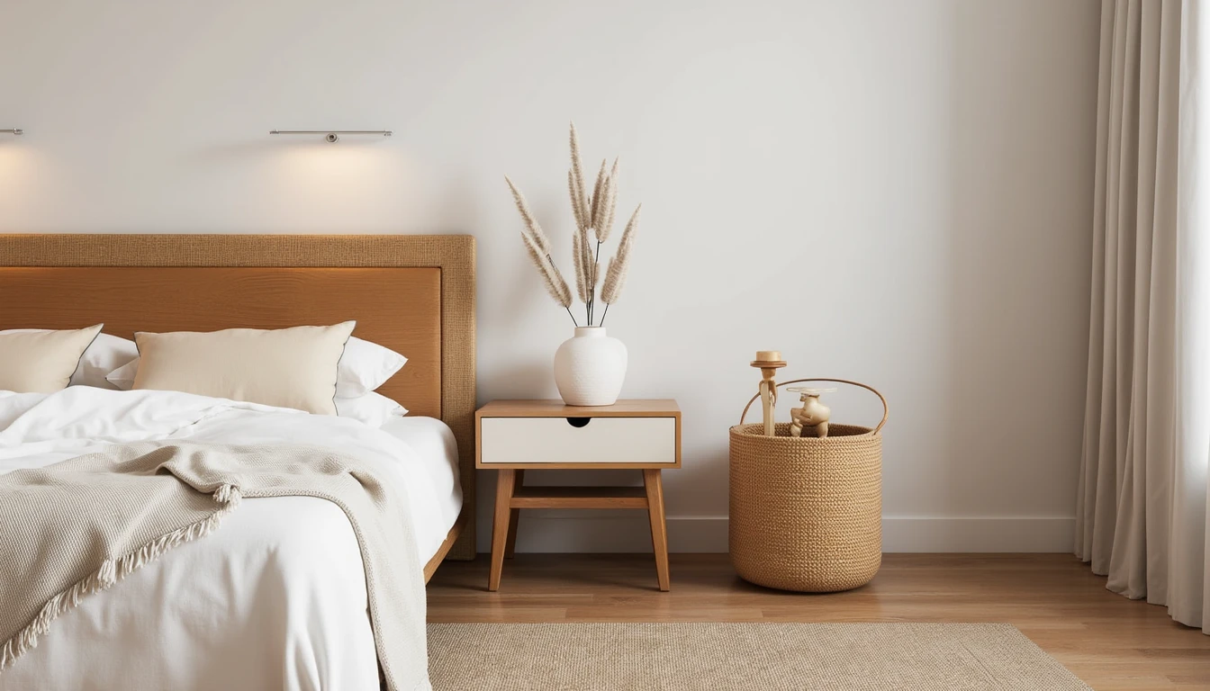 small textured rug placed under a narrow bedside table beside a neatly made bed